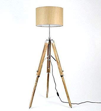 Wood Tripod Floor Lamp with Shade and Wiring and Bulb, Teak Wood - Home Decor Lo