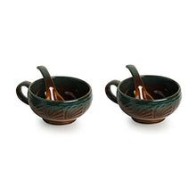 Load image into Gallery viewer, ExclusiveLane 'Amber & Teal' Studio Pottery Handled Ceramic Soup Bowls with Spoons & with Handle (Set of 2, 300 ML, Dishwasher & Microwave Safe), Amber with Teal tints, Standard (EL-005-698) - Home Decor Lo