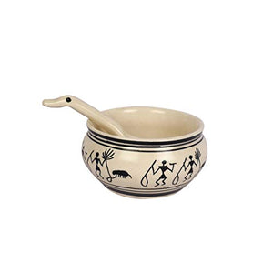 Craftghar Ceramic Soup Bowls Set with Spoons (6 Bowls, 6 Spoons | worli Design) | 100% Food & Microwave Safe |Handmade Blue Pottery | - Home Decor Lo
