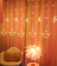 Load image into Gallery viewer, HK Balloons Pack of 2 12 Diya Shape LED Curtain String diwali Lights with Diwali Banner for Home Decoration Window Hanging Lighting with 8 Flashing Mode for Navratri, Christmas, Wedding, Festivals, Balcony, Bedroom Decorations - Warm White