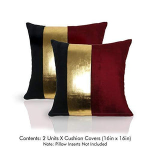 Caption Home Golden Stripe Decorative Cushion Cover 16x16 (Set of 2); Cotton Velvet & Faux Leather; Cool, Classy for Bedroom; Great for Gifting (Maroon Black) - Home Decor Lo