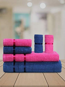 Story@Home 6 Piece Cotton Bath And Hand Towel Set - Pink And Navy - Home Decor Lo