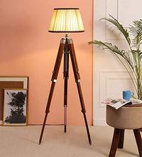 Load image into Gallery viewer, Beverly studio 14" Brown Cross Pleated Teak Wood Tripod Floor lamp - Home Decor Lo