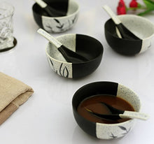 Load image into Gallery viewer, KITTENS Hand Painted in Speckled Black N White Ceramic Soup Bowl with Spoon - Set of 4 - Home Decor Lo