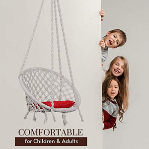 Swingzy Cotton Round Hanging Swing for Kids & Adults,100% Cotton Rope Swing Chair with Square-Cushion for Indoor,Outdoor,Patio,Swing Chair with 3ft. Chain & Hanging Accessories(120 kgs Capacity,White) - Home Decor Lo