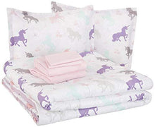 Load image into Gallery viewer, AmazonBasics Easy-Wash Microfiber Kid's Bed-in-a-Bag Bedding Set - Full or Queen, Purple Unicorns - with 4 pillow covers - Home Decor Lo