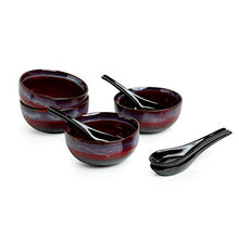 Load image into Gallery viewer, ExclusiveLane Hand Glazed Studio Pottery Serving Bowl & Ceramic Soup Bowls with Spoons, Dishwasher & Microwave Safe, 430 ML, Set of 4, Black, Crimson & Ombre Blue - Home Decor Lo