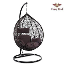 Load image into Gallery viewer, Carry Bird Furniture Metal; Rattan and Wicker Cocoon Ball Basket Chair Hanging Swing with Tufted Outdoor Poly-Fibre Patio Seat Padded Cushion Pillow and Stand Hook; Standard; Black - Home Decor Lo