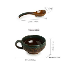 Load image into Gallery viewer, ExclusiveLane Amber & Teal Studio Pottery Handled Ceramic Soup Bowls with Spoons & with Handle, Dishwasher & Microwave Safe, 300 ML, Set of 4, Amber with Teal tints, Standard (EL-005-699) - Home Decor Lo