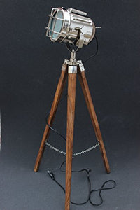 Collectibles Buy Wood Floor Tripod Spotlight Lamp, Nickel/chrome/silver Polished And Brown Tripod - Home Decor Lo