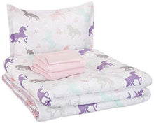 Load image into Gallery viewer, AmazonBasics Easy-Wash Microfiber Kid's Bed-in-a-Bag Bedding Set - Single, Purple Unicorns - with 2 pillow covers - Home Decor Lo