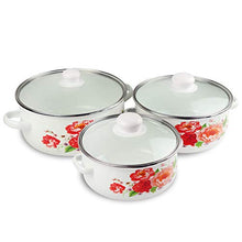Load image into Gallery viewer, iBELL ND3318 Decorative Enamel Casserole with Sturdy Glass Lids, Gift Set of 3 (1.7, 2.2, 3Litre), White - Home Decor Lo