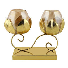 Load image into Gallery viewer, Gliteri Gallery Twin Lotus Metal Golden Crackle Glass Tea Light Candle Holder for Home Decoration Living Room Central Table Side Table Gifts Diwali (Height 8 inch X Length 10 inch) - Home Decor Lo
