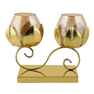 Gliteri Gallery Twin Lotus Metal Golden Crackle Glass Tea Light Candle Holder for Home Decoration Living Room Central Table Side Table Gifts Diwali (Height 8 inch X Length 10 inch) - Home Decor Lo