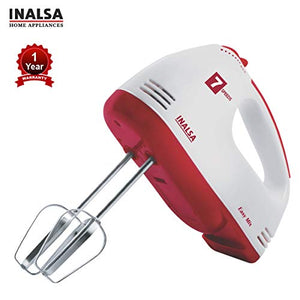Inalsa Hand Mixer Easy Mix | Powerful 250 Watt Motor | Variable 7 Speed Control | 1 Year Warranty | (White/Red) - Home Decor Lo