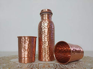 Copper Water Bottle and Glass Set, Healthy Gift Pack of Copper Ware, Combo Set of 3 Pcs (Hammered, Copper) - Home Decor Lo