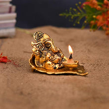 Load image into Gallery viewer, Collectible India Ganesh, Ganesha on Leaf - Ganesh with Diya - Lord Ganesha Metal Hand Craved for Home Decorative Gift Puja Diwali Gifts - Home Decor Lo