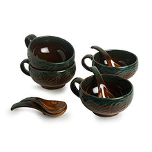 Load image into Gallery viewer, ExclusiveLane Amber & Teal Studio Pottery Handled Ceramic Soup Bowls with Spoons & with Handle, Dishwasher & Microwave Safe, 300 ML, Set of 4, Amber with Teal tints, Standard (EL-005-699) - Home Decor Lo