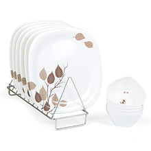 Load image into Gallery viewer, Golden Fish White Base Leaves Printed Melamine Full Size Square Dinner Plate & Veg. Bowl (Set of 6 Both; 11 Inches) - Home Decor Lo