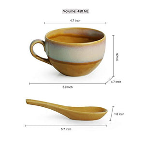 ExclusiveLane Dual Glazed Studio Pottery Handled Ceramic Soup Bowls with Spoons & with Handle (Set of 2, 450 ML, Mustard Yellow and Off-White, Dishwasher & Microwave Safe) - Home Decor Lo