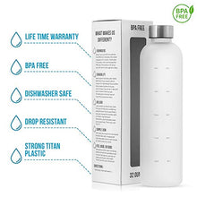 Load image into Gallery viewer, Motivational Water Bottle with Time Marker Reminder, BPA Free Frosted Tritan Plastic, Leakproof and Drop Resistant, 1 Liter 32 Oz (The Original) - Home Decor Lo
