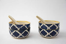 Load image into Gallery viewer, HS HINDUSTANI SAUDAGAR Ceramic Hand Painted Soup Bowls with Spoons, Set of 4 (Blue & Yellow) - Home Decor Lo