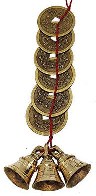 Plusvalue Feng Shui Vastu Chinese 3 Bell & 6 Chinese Coins Home Office Main Entrance Door Hanging (6 x 3.8 x 26 cm, Multicolour) - Home Decor Lo