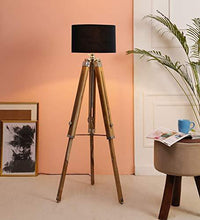 Load image into Gallery viewer, Beverly studio 14" Black Fabric lamp Shade with Teak Wood Tripod Floor lamp - Home Decor Lo