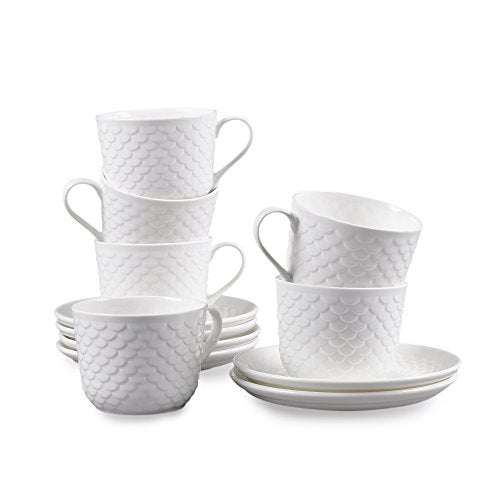 Clay Craft Ripple Impression Cup and Saucer Set, 12-Pieces, White