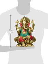 Load image into Gallery viewer, Aone India Rare God Ganesha Statue Sitting on Lotus- Hindu Lord of Prosperity & Fortune Ganesh Figurine- Brass Metal with Turquoise India Handmade Elephant God Idol + Cash Envelope (Pack Of 10)