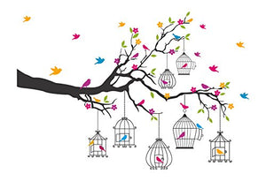 Decals Design Wall Sticker 'Branches With Flowers And Birds Cages Home Decoration' - Home Decor Lo
