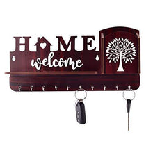 Load image into Gallery viewer, Aditya Handicrafts Welcome & Home Unique Key Holder With Mobile Holder & Charging Stand Cloth Toval & Mask Hanger Watch Wallet Showpiece Storage Self Wooden Handcrafted Home & Office Decoration (10 Hooks, Wooden) - Home Decor Lo