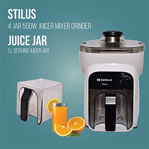 Havells Stilus 500 Watt Juicer Mixer Grinder with 4 jar (White/Black) - Home Decor Lo