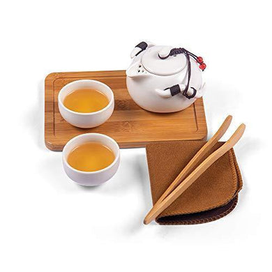 Udyan Tea Classic Tea Set (Pearl White) | Chinese Gongfu Style Tea Maker with Porcelain Tea Pot (150 ml), 2 Cups (45 ml Each), Bamboo Tray & Tongs, Tea Mat & Packing Bag - Home Decor Lo