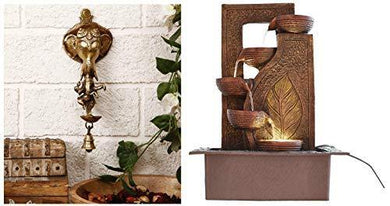 eCraftIndia Dancing Ganesha Brass Wall Hanging Deepak with Bell (10 cm X 7 cm X 25, Brown and Golden) & Five Steps Polystone Water Fountain (31 cm X 23 cm X 42 cm, Brown) Combo - Home Decor Lo