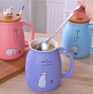 CORAL TREE Lovely Cat Ceramic Cup with Spoon and Lid Coffee Water Milk Mug for Drinkware (Blue) - Home Decor Lo