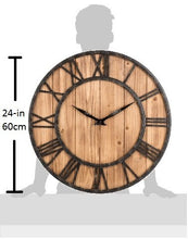 Load image into Gallery viewer, Oldtown Clocks Farmhouse Rustic Barn Vintage Bronze Metal and Solid Wood Noiseless Big Oversized Wall Clock (Wooden Colour, XL/24-inch) - Home Decor Lo