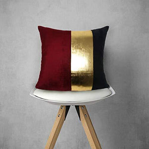 Caption Home Golden Stripe Decorative Cushion Cover 16x16 (Set of 2); Cotton Velvet & Faux Leather; Cool, Classy for Bedroom; Great for Gifting (Maroon Black) - Home Decor Lo