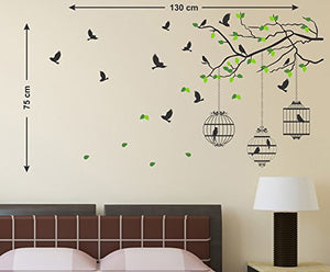 Decals Design 'Tree Branches with Leaves Birds and Cages' Wall Sticker (PVC Vinyl, 50 cm x 70 cm, Multicolour) - Home Decor Lo