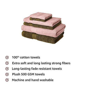 Amazon Brand - Solimo 100% Cotton 6 Piece Towel Set, 500 GSM (Brown and Baby Pink) - Home Decor Lo