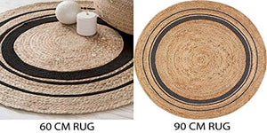 FLOTTCOW Hand Made Round and Reversible Superior Black Striped Design Pure Jute Braided 1 Piece Natural Color Rug, Carpet for Living Area, Size 60 cm Round - Home Decor Lo
