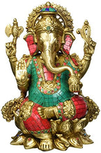 Load image into Gallery viewer, Aone India Rare God Ganesha Statue Sitting on Lotus- Hindu Lord of Prosperity & Fortune Ganesh Figurine- Brass Metal with Turquoise India Handmade Elephant God Idol + Cash Envelope (Pack Of 10)