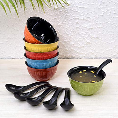 Unravel India Ceramic Tableware Serving Hand Knitted Multicolor Soup Set(Set of 6) - Home Decor Lo