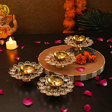 TIED RIBBONS Pack of 4 Brass Crystal Akhand Diya Brass Oil Puja Lamp - Diwali Diya - Diwali Decorations Items for Home and Diwali Gifts (Golden, 9 x 3.5 cm)