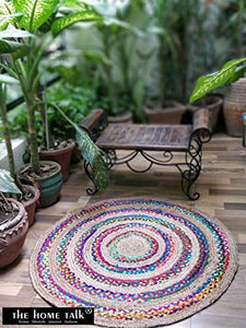 The Home Talk Cotton and Jute Braided Floor Rug, Boho Multicolor Bedside Runner Carpet for Bedroom Living Room, 95 cm Round - Multicolor - Home Decor Lo