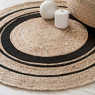 FLOTTCOW Hand Made Round and Reversible Superior Black Striped Design Pure Jute Braided 1 Piece Natural Color Rug, Carpet for Living Area, Size 60 cm Round - Home Decor Lo