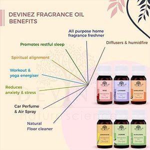 Devinez (NABL & IFRA Certified) Fragrance Oils Combo Pack of 6 (Rose, Lavender, Sandalwood, Lemongrass, Jasmine and Rajnigandha), 20ml Each ideal for Homemade Beauty Products | Soap making | Diffusers - Home Decor Lo