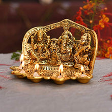 Load image into Gallery viewer, Collectible India Metal Laxmi Ganesh Saraswati Idol with Diya (Golden, 9 X 6 X 5 Inch) - Home Decor Lo