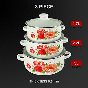 iBELL ND3318 Decorative Enamel Casserole with Sturdy Glass Lids, Gift Set of 3 (1.7, 2.2, 3Litre), White - Home Decor Lo
