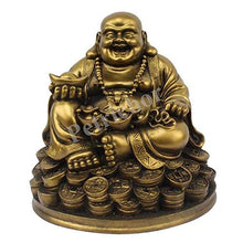 Load image into Gallery viewer, Petrichor Fengshui Laughing Buddha Sitting on Luck Money Coins Carrying Golden Ingot for Good Luck &amp; Happiness (5 Inches) - Home Deocration &amp; Gifting - Home Decor Lo